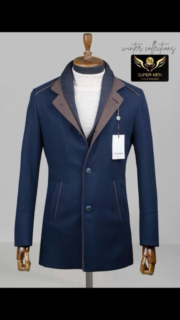 Navy Blue Coat Taupe Collar