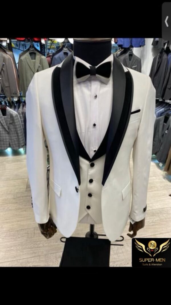 White Tuxedo with Black Detailed Collar and Black Buttons