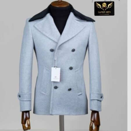 Baby Blue double breasted Coat with Black fur on Shoulders