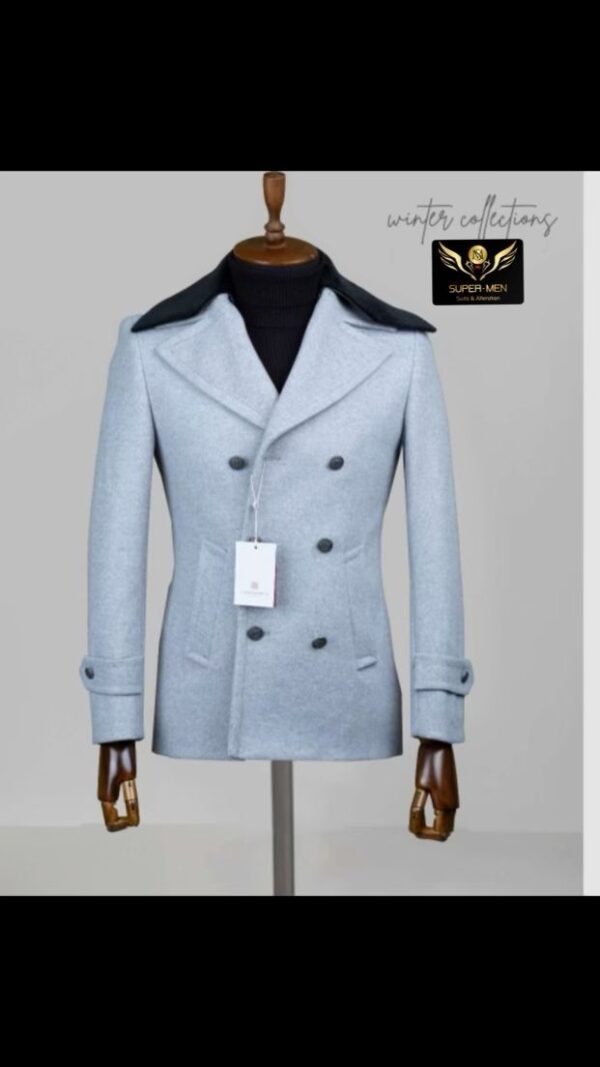 Baby Blue double breasted Coat with Black fur on Shoulders